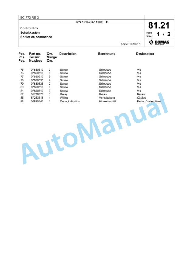 Bomag BC 772 RS-2 Sanitary Landfill Compactor Spare Parts Catalogue 00824643 3 Bomag BC 772 RS-2 Sanitary Landfill Compactor Spare Parts Catalogue 00824643-3