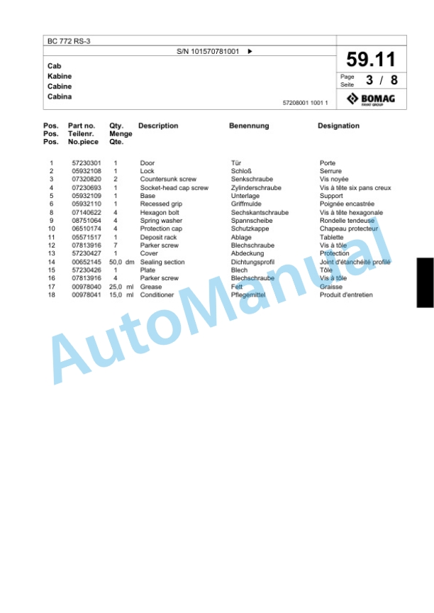 Bomag BC 772 RS-3 Sanitary Landfill Compactor Spare Parts Catalogue 00824349 2 Bomag BC 772 RS-3 Sanitary Landfill Compactor Spare Parts Catalogue 00824349-2