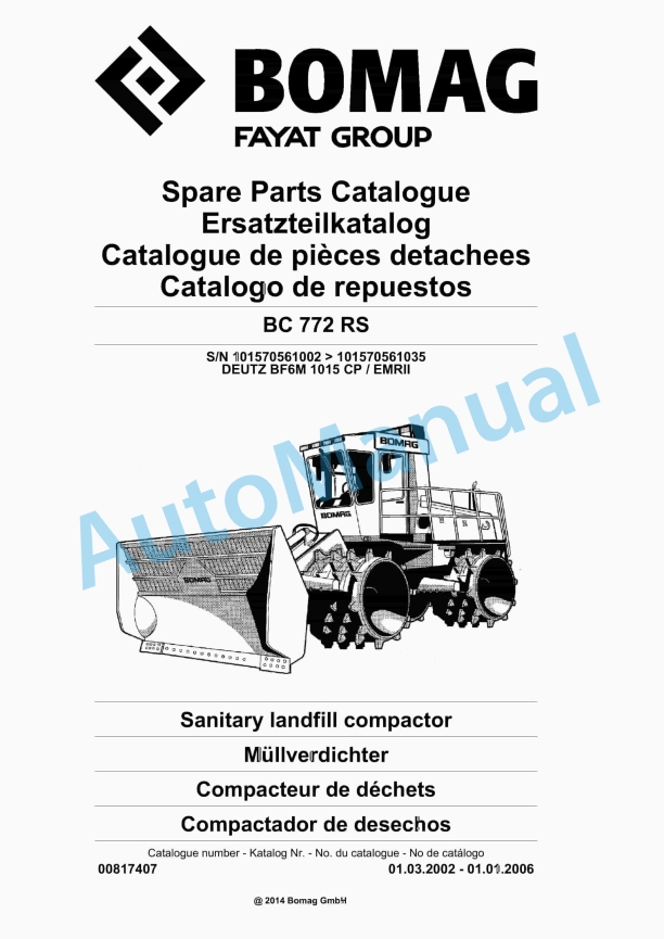 Bomag BC 772 RS Sanitary Landfill Compactor Spare Parts Catalogue 00817407