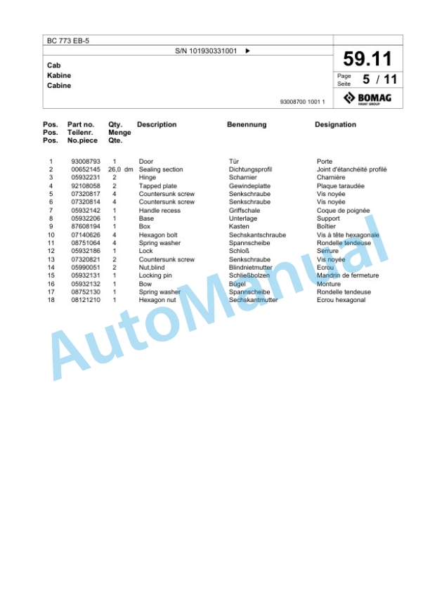 Bomag BC 773 EB-5 Sanitary Landfill Compactor Spare Parts Catalogue 00826259 2 Bomag BC 773 EB-5 Sanitary Landfill Compactor Spare Parts Catalogue 00826259-2