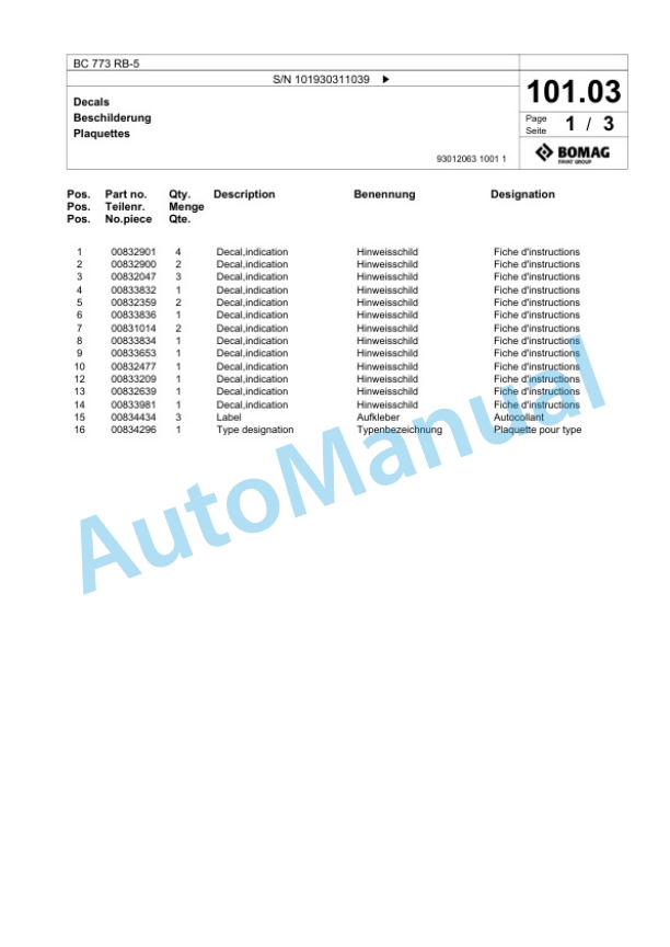 Bomag BC 773 RB-5 Sanitary Landfill Compactor Spare Parts Catalogue 00826255 5 Bomag BC 773 RB-5 Sanitary Landfill Compactor Spare Parts Catalogue 00826255-5