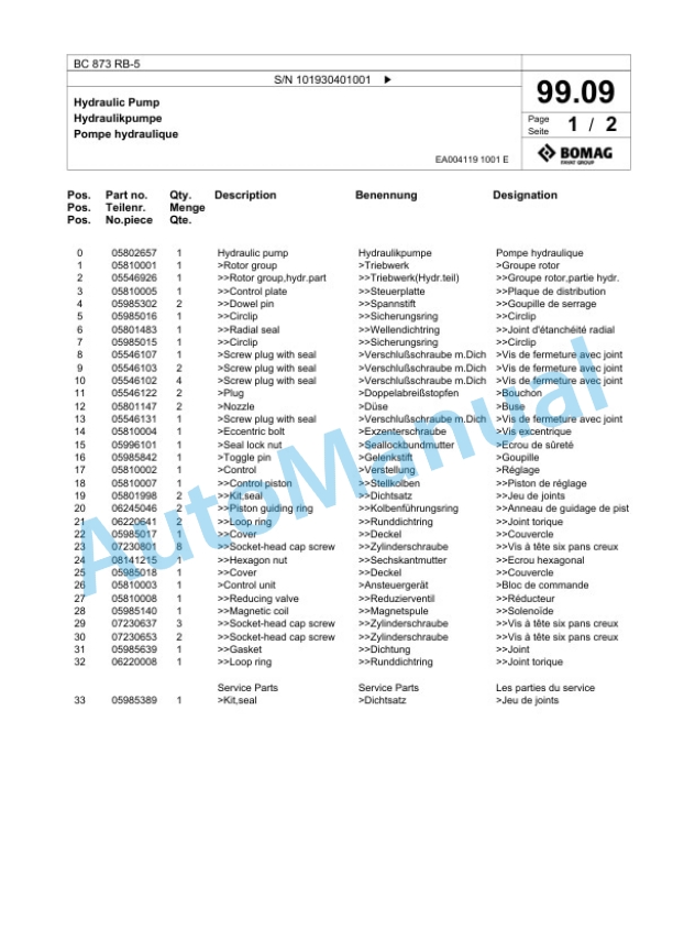 Bomag BC 873 RB-5 Sanitary Landfill Compactor Spare Parts Catalogue 00826033 5 Bomag BC 873 RB-5 Sanitary Landfill Compactor Spare Parts Catalogue 00826033-5