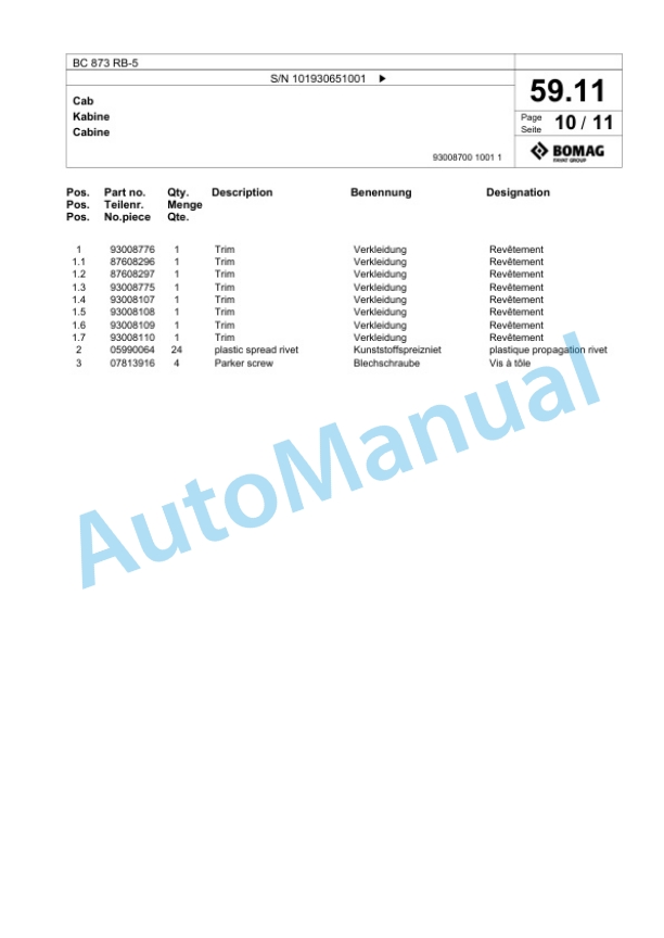 Bomag BC 873 RB-5 Sanitary Landfill Compactor Spare Parts Catalogue 00826655 2 Bomag BC 873 RB-5 Sanitary Landfill Compactor Spare Parts Catalogue 00826655-2