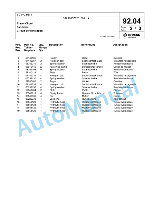 Bomag BC 972 RB-4 Sanitary Landfill Compactor Spare Parts Catalogue 00825119 3 Bomag BC 972 RB-4 Sanitary Landfill Compactor Spare Parts Catalogue 00825119-3