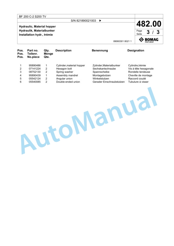 Bomag BF 200 C-2 S200 TV Paver Spare Parts Catalogue 00825333 2 Bomag BF 200 C-2 S200 TV Paver Spare Parts Catalogue 00825333-2