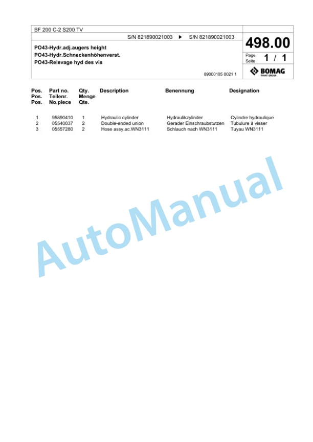 Bomag BF 200 C-2 S200 TV Paver Spare Parts Catalogue 00825333 5 Bomag BF 200 C-2 S200 TV Paver Spare Parts Catalogue 00825333-5