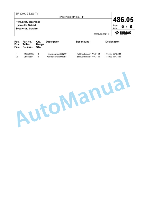 Bomag BF 200 C-2 S200 TV Paver Spare Parts Catalogue 00825337 2 Bomag BF 200 C-2 S200 TV Paver Spare Parts Catalogue 00825337-2