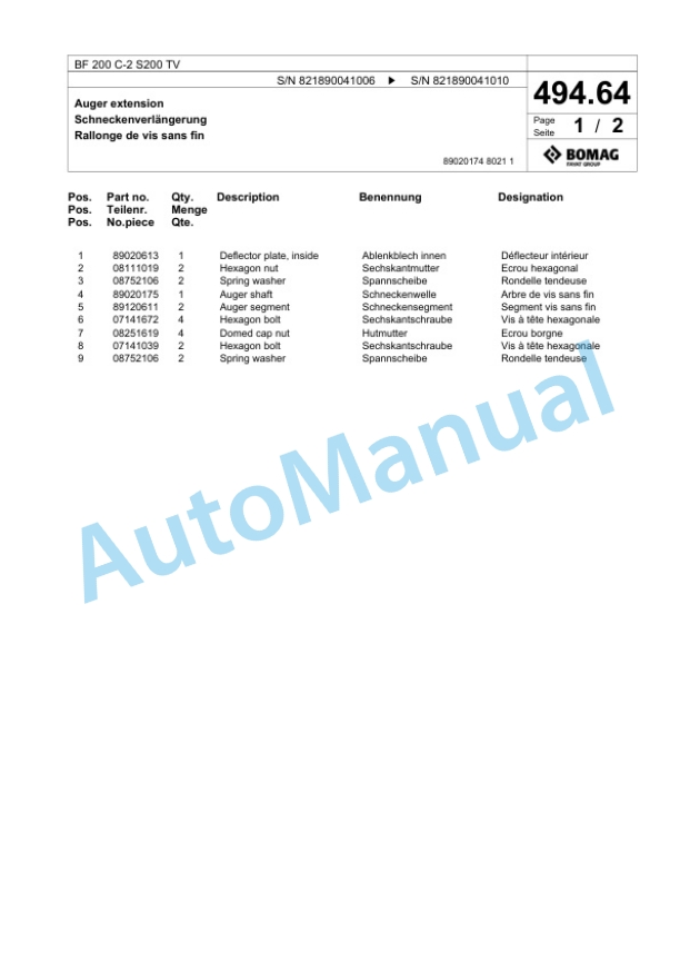 Bomag BF 200 C-2 S200 TV Paver Spare Parts Catalogue 00825337 3 Bomag BF 200 C-2 S200 TV Paver Spare Parts Catalogue 00825337-3