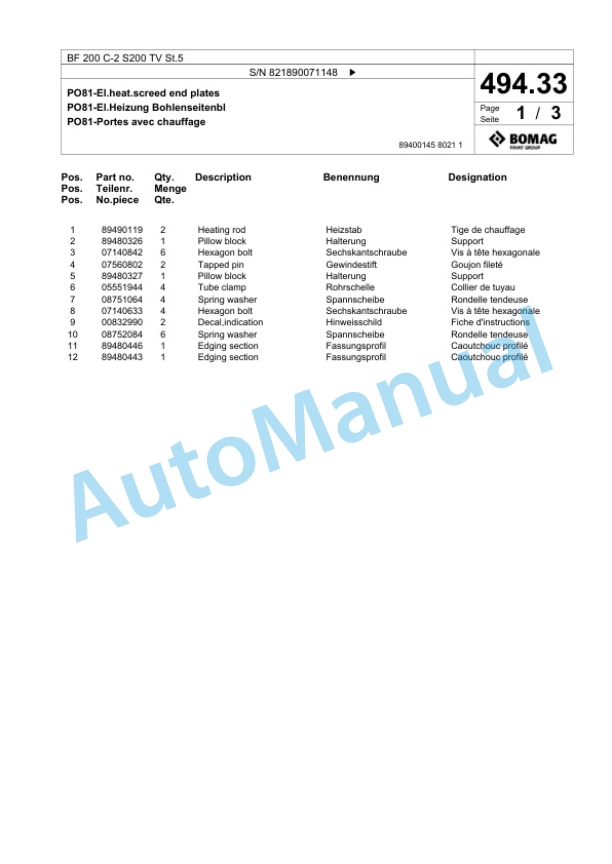 Bomag BF 200 C-2 S200 TV St5 Paver Spare Parts Catalogue 00825869 3 Bomag BF 200 C-2 S200 TV St5 Paver Spare Parts Catalogue 00825869-3