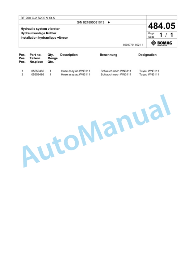 Bomag BF 200 C-2 S200 V St5 Paver Spare Parts Catalogue 00825871 2 Bomag BF 200 C-2 S200 V St5 Paver Spare Parts Catalogue 00825871-2