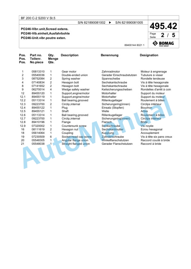 Bomag BF 200 C-2 S200 V St5 Paver Spare Parts Catalogue 00825871 3 Bomag BF 200 C-2 S200 V St5 Paver Spare Parts Catalogue 00825871-3