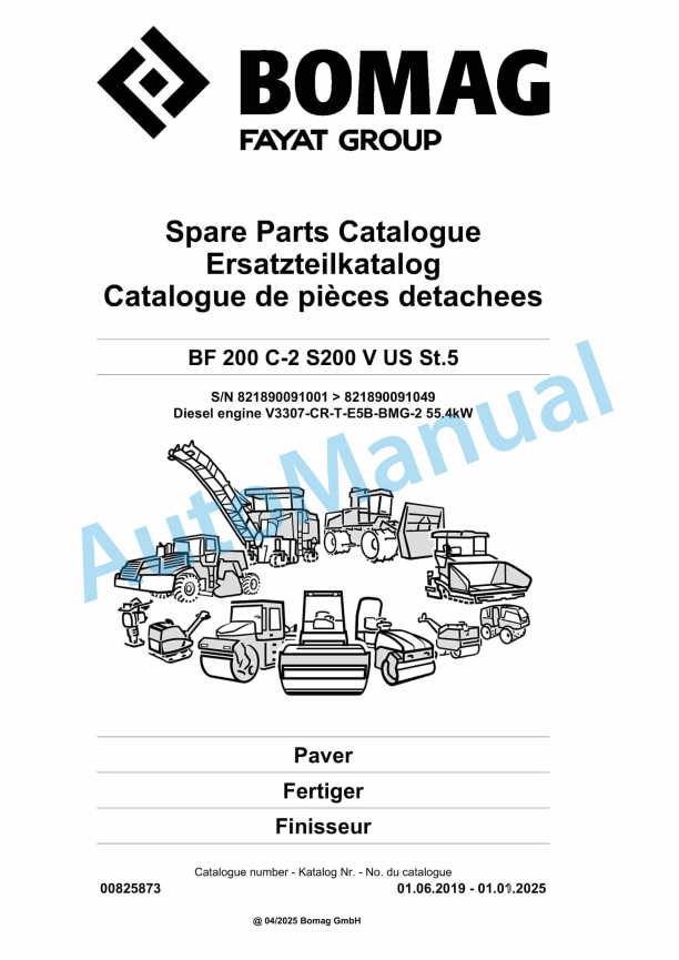 Bomag BF 200 C-2 S200 V US St5 Paver Spare Parts Catalogue 00825873