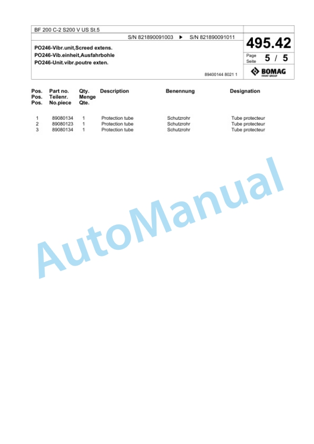 Bomag BF 200 C-2 S200 V US St5 Paver Spare Parts Catalogue 00825873 4 Bomag BF 200 C-2 S200 V US St5 Paver Spare Parts Catalogue 00825873-4