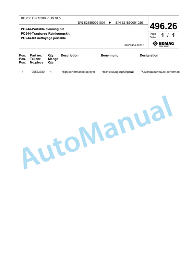 Bomag BF 200 C-2 S200 V US St5 Paver Spare Parts Catalogue 00825873 5 Bomag BF 200 C-2 S200 V US St5 Paver Spare Parts Catalogue 00825873-5