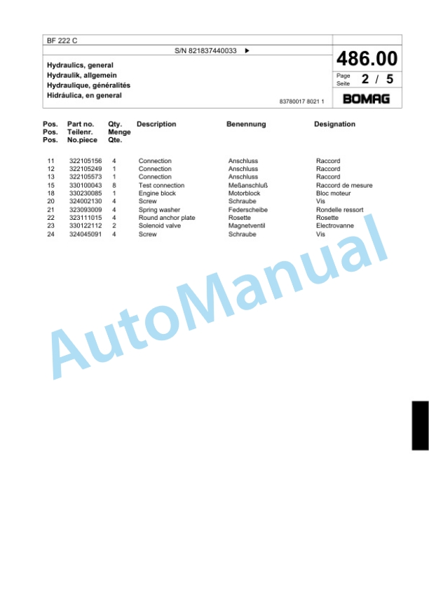 Bomag BF 222 C Paver Spare Parts Catalogue 00800625 3 Bomag BF 222 C Paver Spare Parts Catalogue 00800625-3