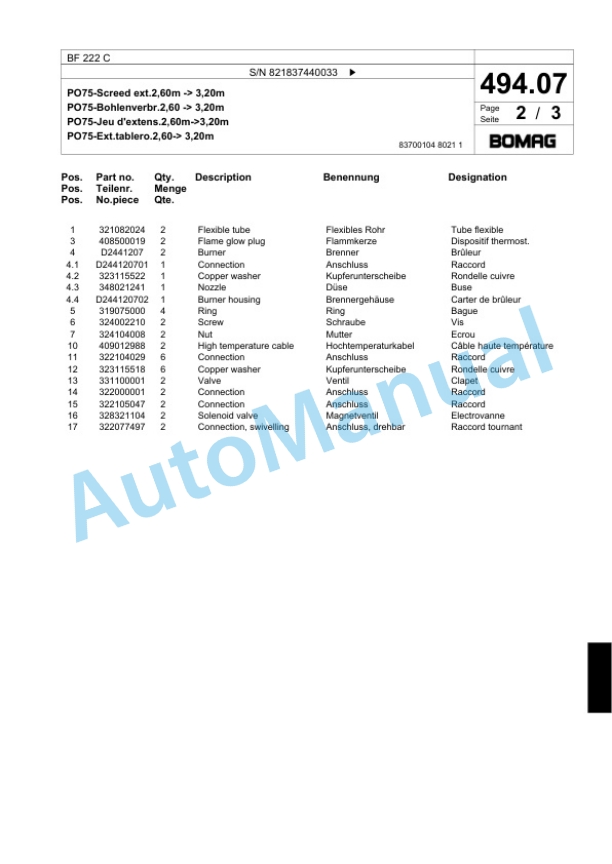 Bomag BF 222 C Paver Spare Parts Catalogue 00800625 4 Bomag BF 222 C Paver Spare Parts Catalogue 00800625-4