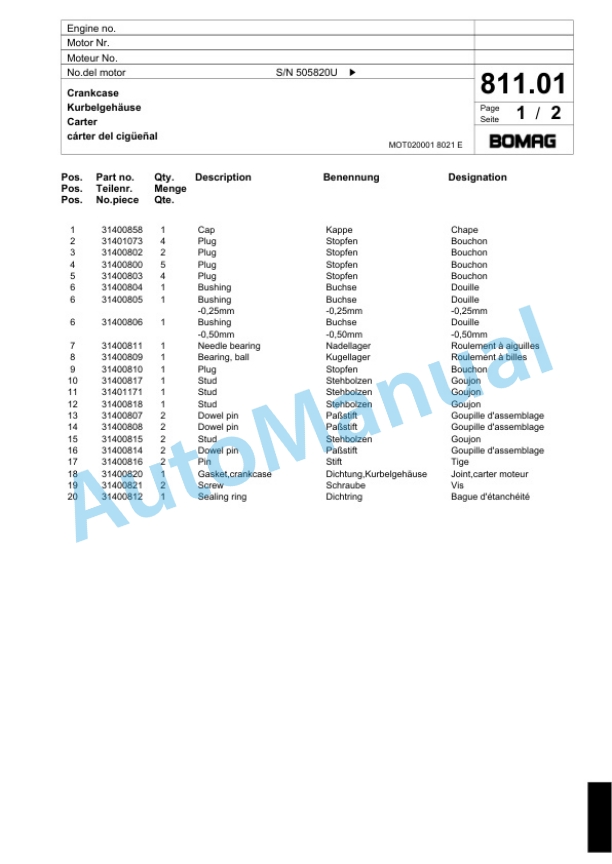 Bomag BF 222 C Paver Spare Parts Catalogue 00800625 5 Bomag BF 222 C Paver Spare Parts Catalogue 00800625-5
