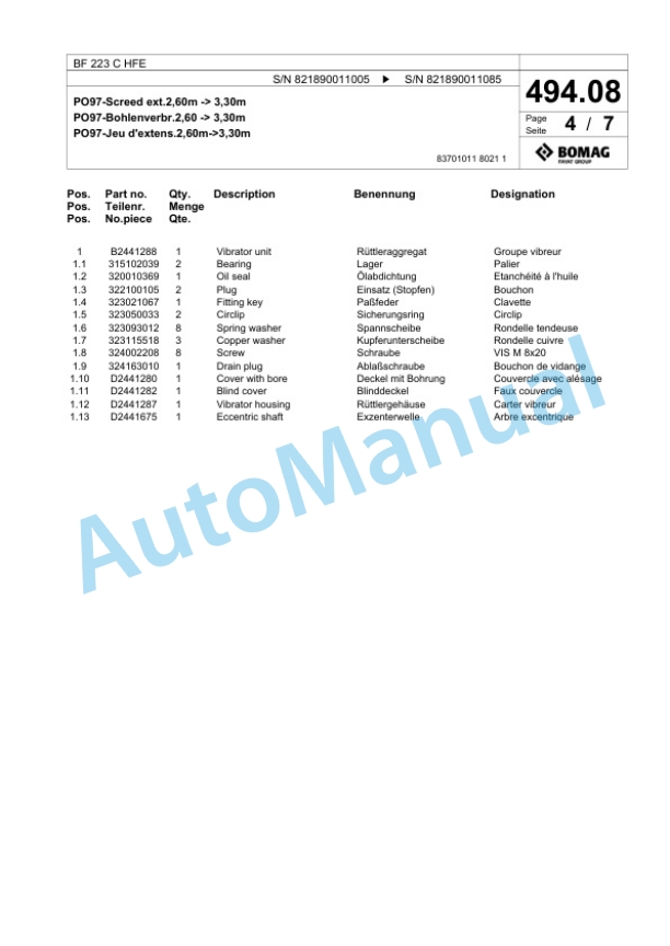 Bomag BF 223 C HFE Paver Spare Parts Catalogue 00824301 3 Bomag BF 223 C HFE Paver Spare Parts Catalogue 00824301-3
