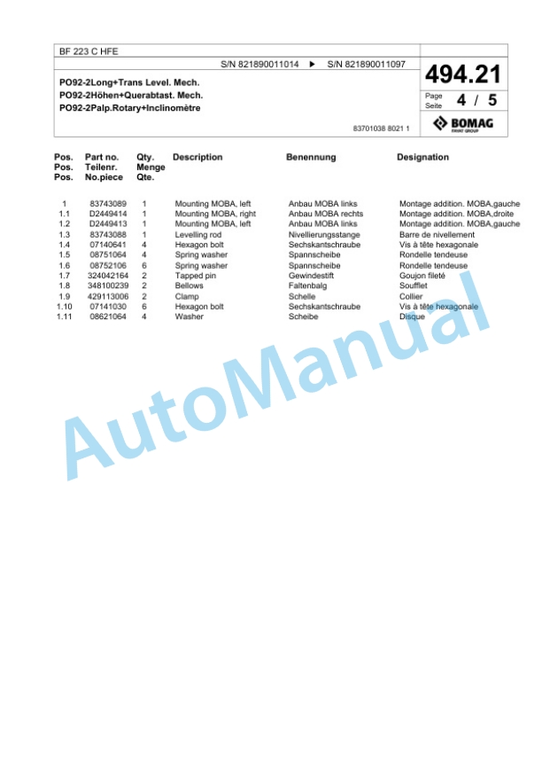 Bomag BF 223 C HFE Paver Spare Parts Catalogue 00824301 4 Bomag BF 223 C HFE Paver Spare Parts Catalogue 00824301-4