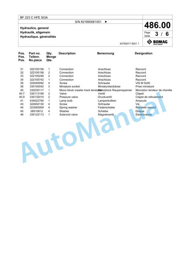 Bomag BF 223 C HFE St3A Paver Spare Parts Catalogue 00826029 2 Bomag BF 223 C HFE St3A Paver Spare Parts Catalogue 00826029-2