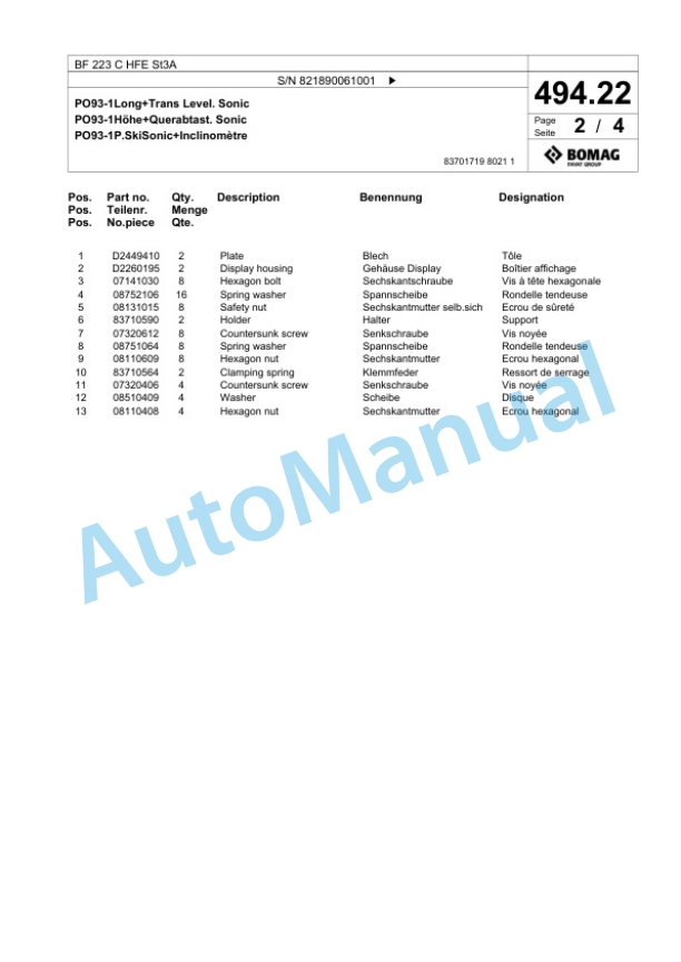 Bomag BF 223 C HFE St3A Paver Spare Parts Catalogue 00826029 3 Bomag BF 223 C HFE St3A Paver Spare Parts Catalogue 00826029-3