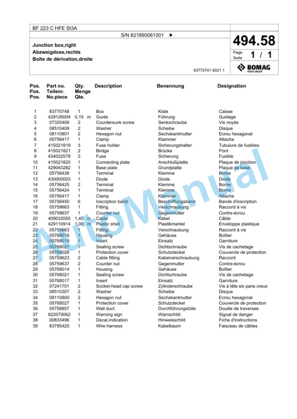 Bomag BF 223 C HFE St3A Paver Spare Parts Catalogue 00826029 4 Bomag BF 223 C HFE St3A Paver Spare Parts Catalogue 00826029-4