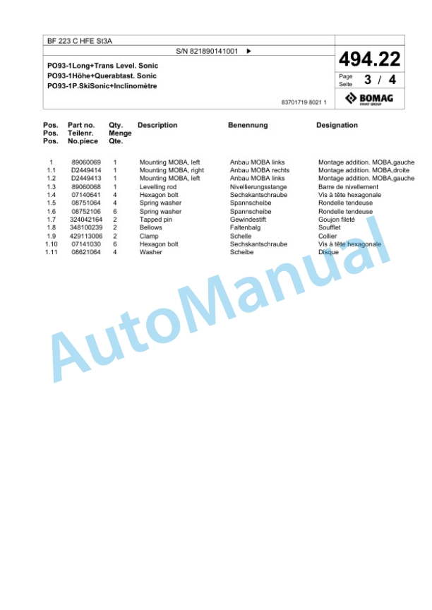 Bomag BF 223 C HFE St3A Paver Spare Parts Catalogue 00826031 3 Bomag BF 223 C HFE St3A Paver Spare Parts Catalogue 00826031-3