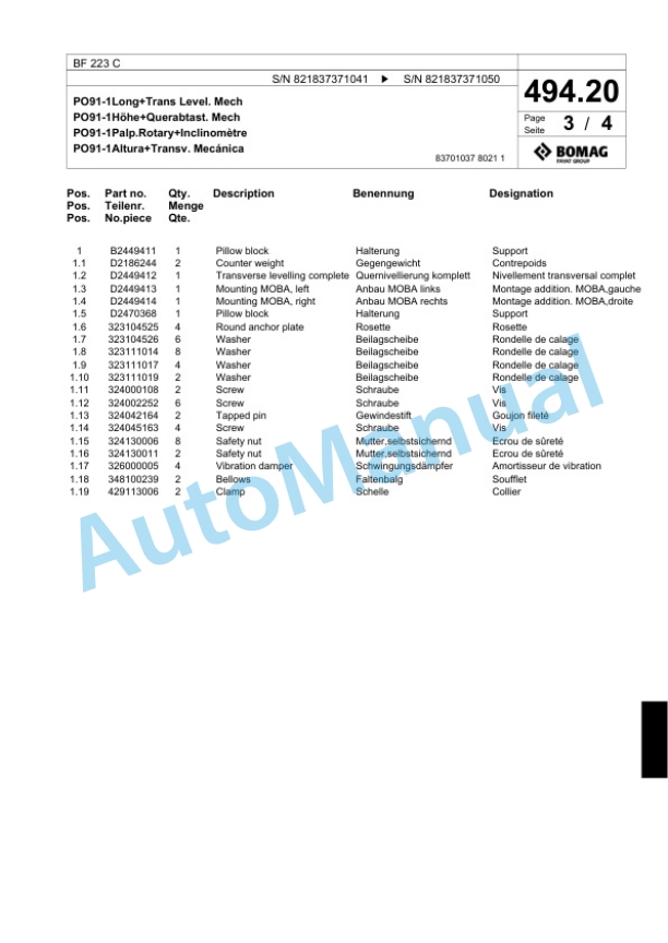 Bomag BF 223 C Paver Spare Parts Catalogue 00800619 3 Bomag BF 223 C Paver Spare Parts Catalogue 00800619-3