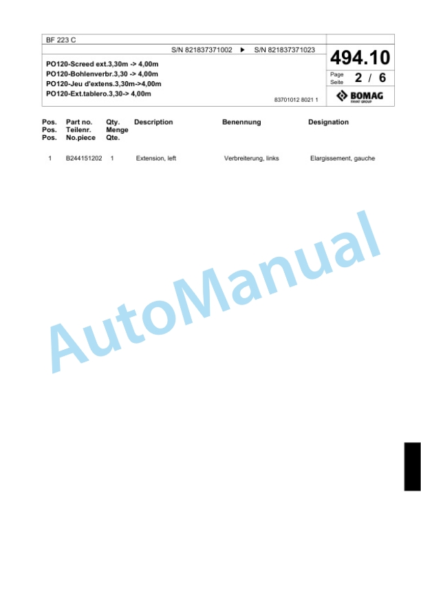 Bomag BF 223 C Paver Spare Parts Catalogue 00800741 3 Bomag BF 223 C Paver Spare Parts Catalogue 00800741-3