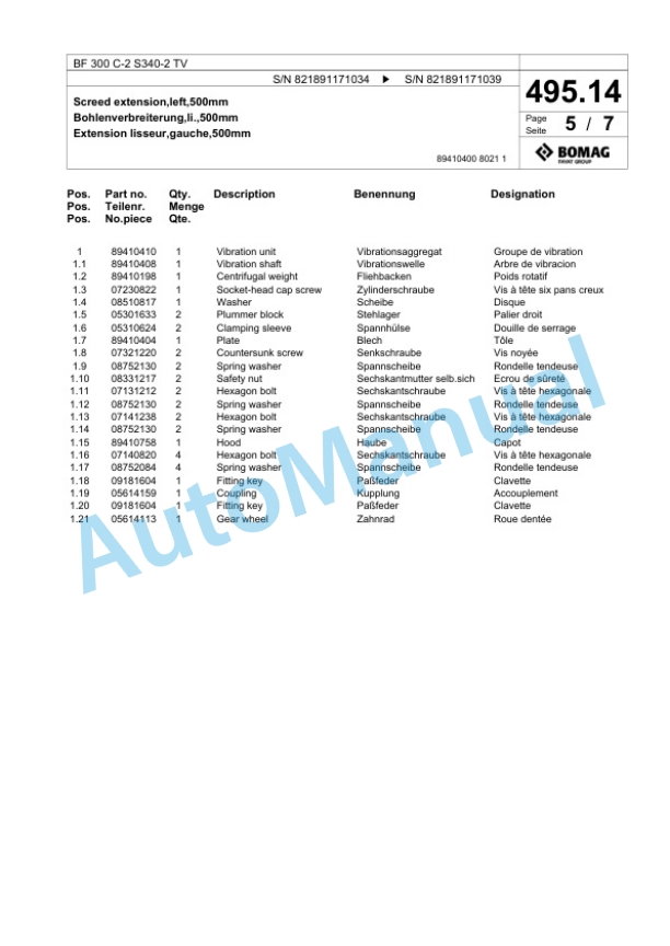 Bomag BF 300 C-2 S340-2 TV Paver Spare Parts Catalogue 00800809 4 Bomag BF 300 C-2 S340-2 TV Paver Spare Parts Catalogue 00800809-4