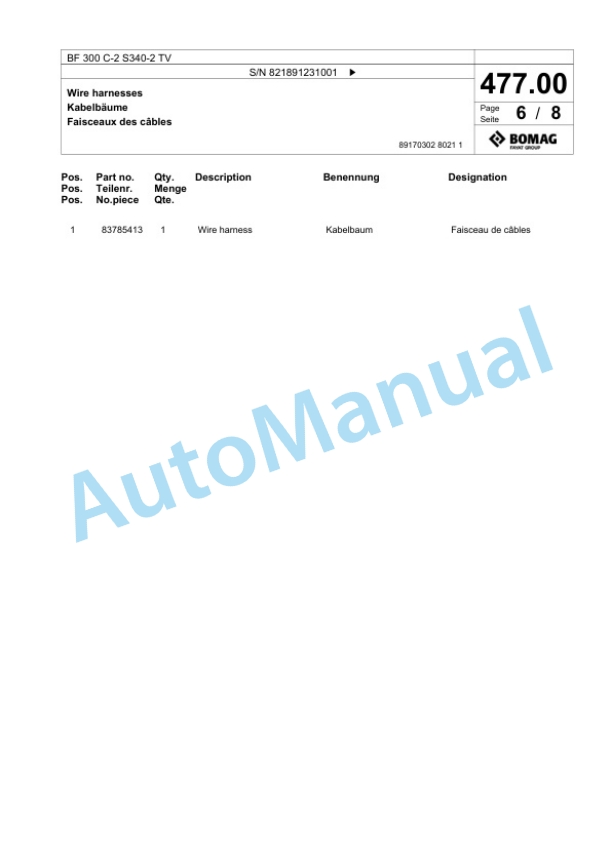 Bomag BF 300 C-2 S340-2 TV Paver Spare Parts Catalogue 00825649 2 Bomag BF 300 C-2 S340-2 TV Paver Spare Parts Catalogue 00825649-2