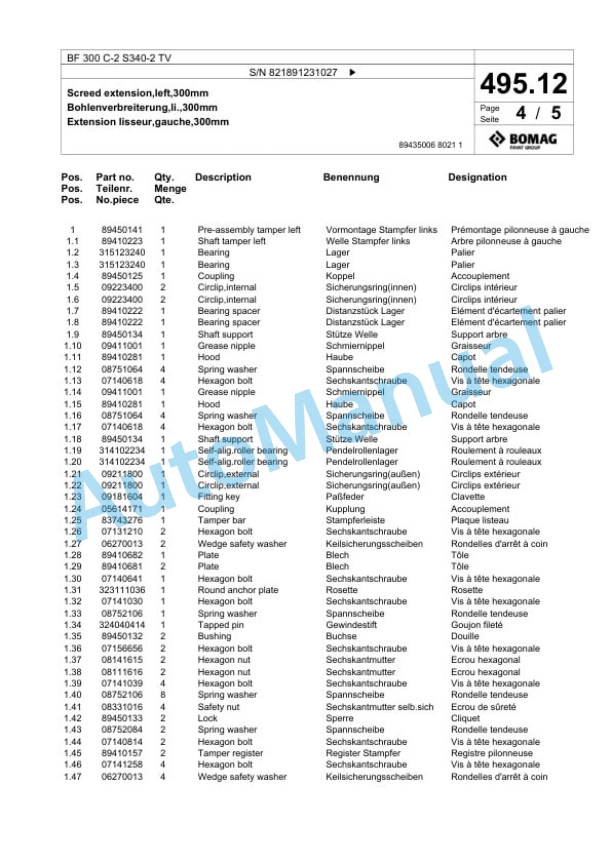 Bomag BF 300 C-2 S340-2 TV Paver Spare Parts Catalogue 00825649 4 Bomag BF 300 C-2 S340-2 TV Paver Spare Parts Catalogue 00825649-4