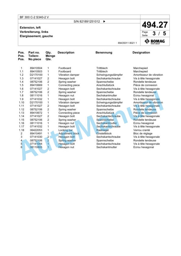 Bomag BF 300 C-2 S340-2 V Paver Spare Parts Catalogue 00825653 3 Bomag BF 300 C-2 S340-2 V Paver Spare Parts Catalogue 00825653-3