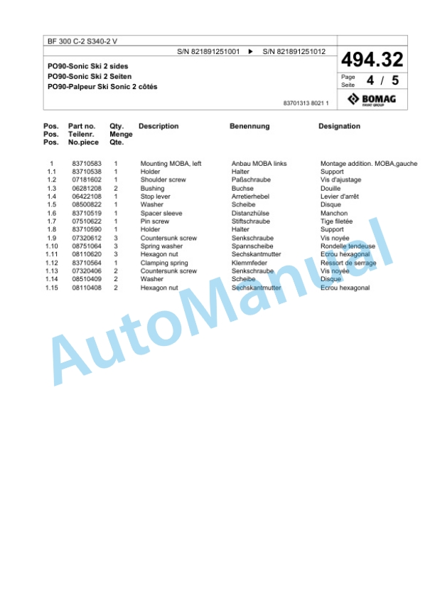Bomag BF 300 C-2 S340-2 V Paver Spare Parts Catalogue 00825653 4 Bomag BF 300 C-2 S340-2 V Paver Spare Parts Catalogue 00825653-4