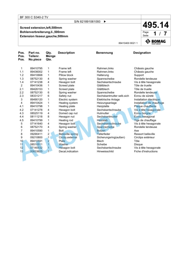Bomag BF 300 C S340-2 TV Paver Spare Parts Catalogue 00800757 4 Bomag BF 300 C S340-2 TV Paver Spare Parts Catalogue 00800757-4