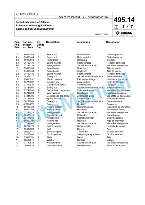 Bomag BF 300 C S340-2 TV Paver Spare Parts Catalogue 00800757 5 Bomag BF 300 C S340-2 TV Paver Spare Parts Catalogue 00800757-5