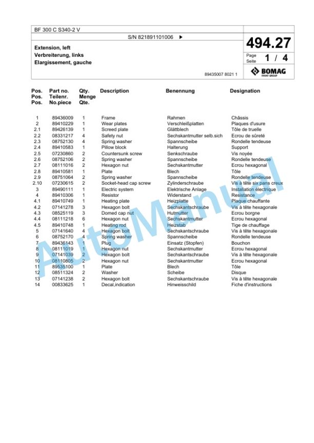Bomag BF 300 C S340-2 V Paver Spare Parts Catalogue 00800765 3 Bomag BF 300 C S340-2 V Paver Spare Parts Catalogue 00800765-3