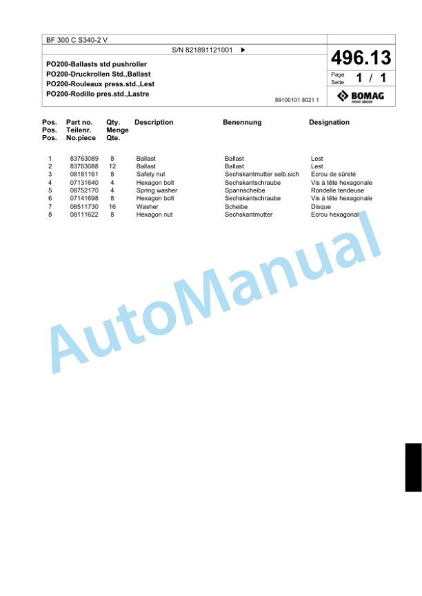 Bomag BF 300 C S340-2 V Paver Spare Parts Catalogue 00800769 4 Bomag BF 300 C S340-2 V Paver Spare Parts Catalogue 00800769-4