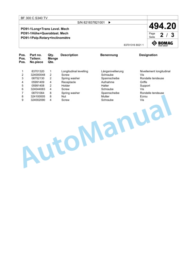 Bomag BF 300 C S340 TV Paver Spare Parts Catalogue 00800717 3 Bomag BF 300 C S340 TV Paver Spare Parts Catalogue 00800717-3