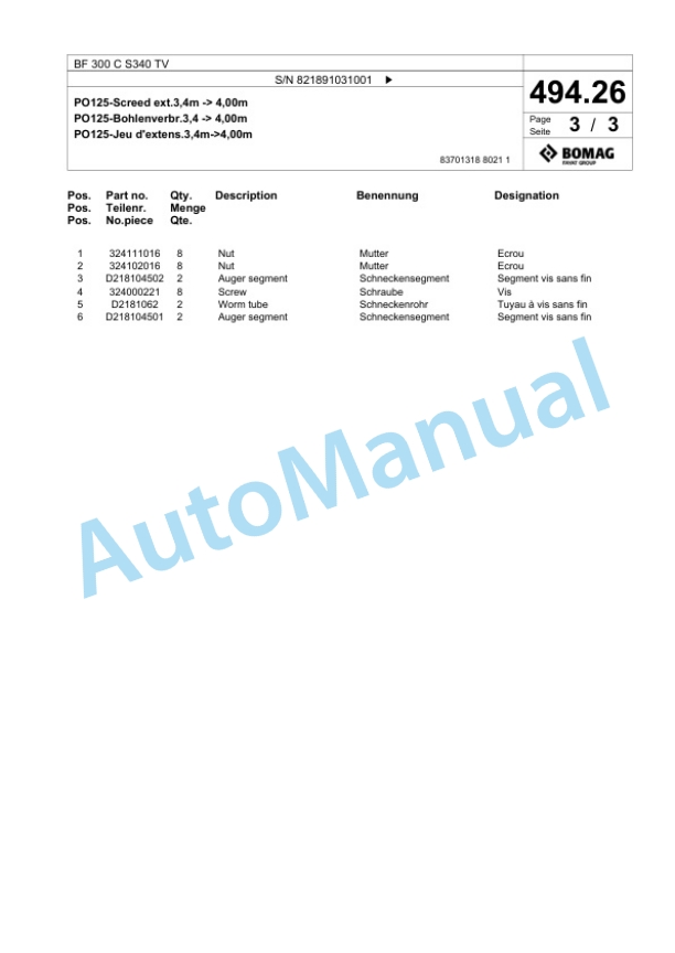 Bomag BF 300 C S340 TV Paver Spare Parts Catalogue 00824191 3 Bomag BF 300 C S340 TV Paver Spare Parts Catalogue 00824191-3