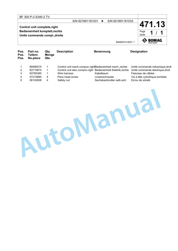 Bomag BF 300 P-2 S340-2 TV Paver Spare Parts Catalogue 00800811 2 Bomag BF 300 P-2 S340-2 TV Paver Spare Parts Catalogue 00800811-2