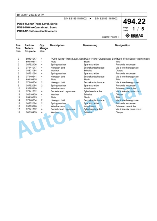 Bomag BF 300 P-2 S340-2 TV Paver Spare Parts Catalogue 00800811 3 Bomag BF 300 P-2 S340-2 TV Paver Spare Parts Catalogue 00800811-3