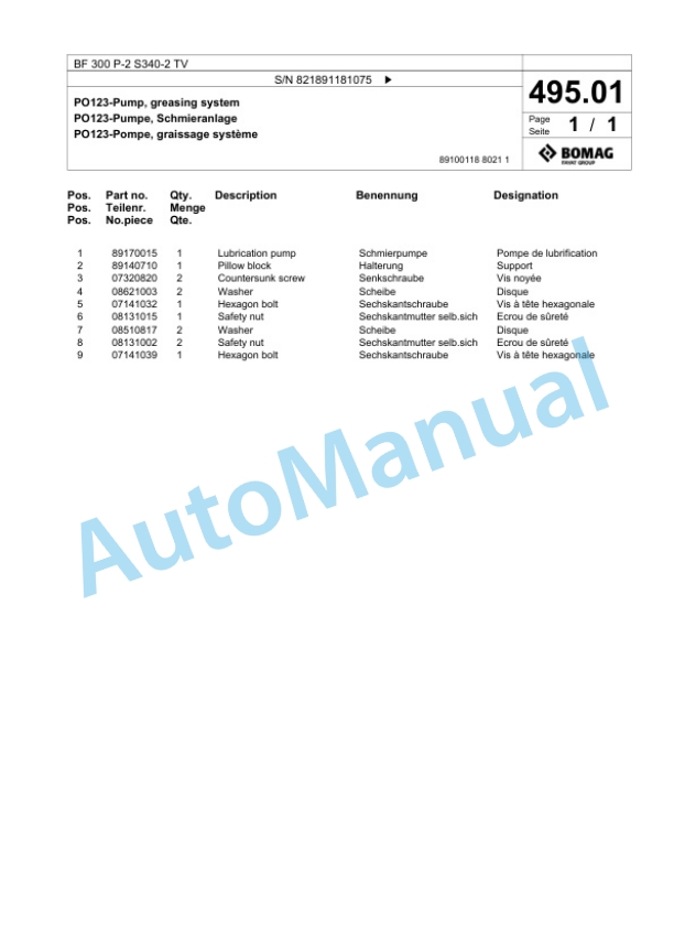 Bomag BF 300 P-2 S340-2 TV Paver Spare Parts Catalogue 00800811 5 Bomag BF 300 P-2 S340-2 TV Paver Spare Parts Catalogue 00800811-5