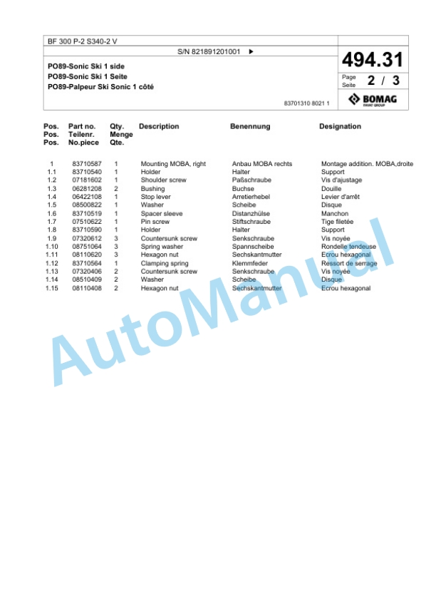 Bomag BF 300 P-2 S340-2 V Paver Spare Parts Catalogue 00800815 4 Bomag BF 300 P-2 S340-2 V Paver Spare Parts Catalogue 00800815-4