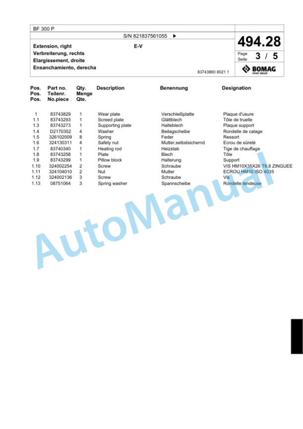 Bomag BF 300 P Paver Spare Parts Catalogue 00800647 5 Bomag BF 300 P Paver Spare Parts Catalogue 00800647-5