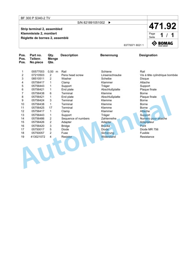 Bomag BF 300 P S340-2 TV Paver Spare Parts Catalogue 00800755 2 Bomag BF 300 P S340-2 TV Paver Spare Parts Catalogue 00800755-2