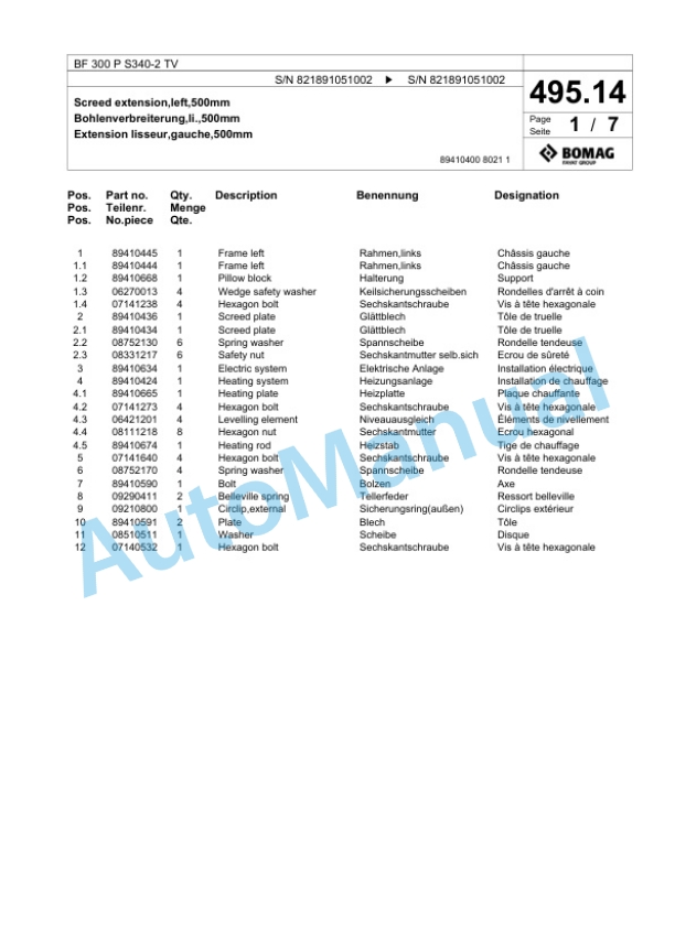 Bomag BF 300 P S340-2 TV Paver Spare Parts Catalogue 00800755 5 Bomag BF 300 P S340-2 TV Paver Spare Parts Catalogue 00800755-5
