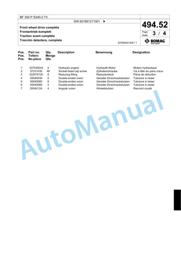 Bomag BF 300 P S340-2 TV Paver Spare Parts Catalogue 00800817 3 Bomag BF 300 P S340-2 TV Paver Spare Parts Catalogue 00800817-3