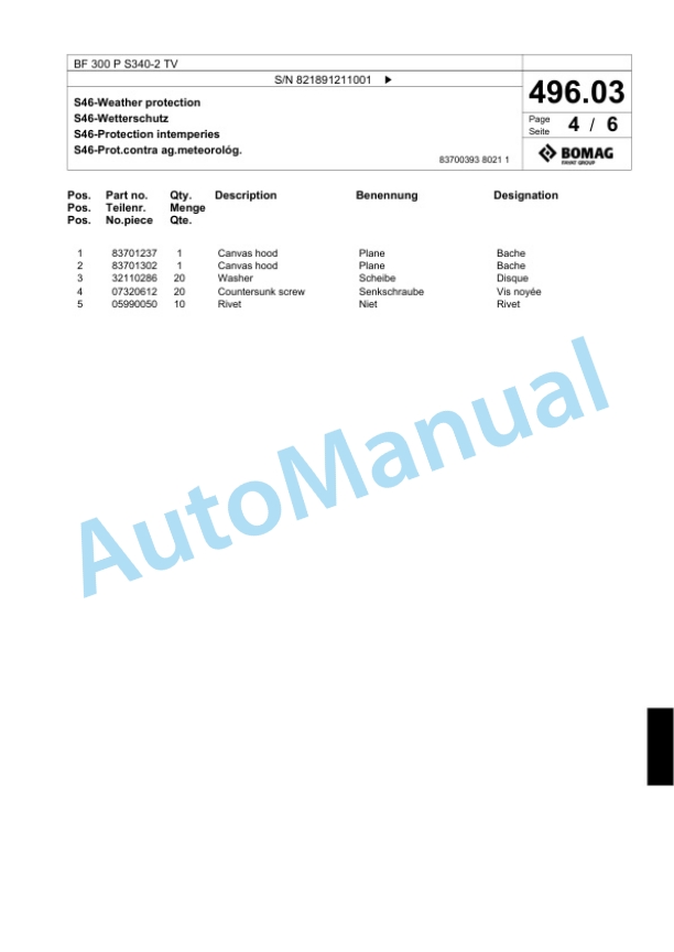 Bomag BF 300 P S340-2 TV Paver Spare Parts Catalogue 00800817 4 Bomag BF 300 P S340-2 TV Paver Spare Parts Catalogue 00800817-4