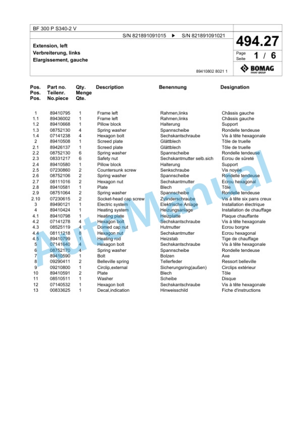 Bomag BF 300 P S340-2 V Paver Spare Parts Catalogue 00800763 3 Bomag BF 300 P S340-2 V Paver Spare Parts Catalogue 00800763-3